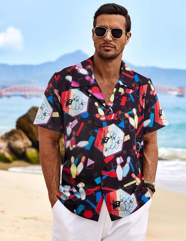 Hawaiian Bowling Shirts Men Retro Funny Sport Bowler Shirt Beach Summer Tee Tropical Vacation Button Down Short Sleeve Tops in Kuwait
