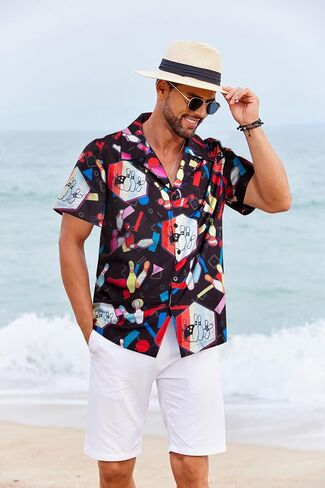 Hawaiian Bowling Shirts Men Retro Funny Sport Bowler Shirt Beach Summer Tee Tropical Vacation Button Down Short Sleeve Tops in Kuwait