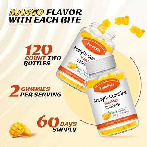 2 حزمة الأسيتيل L-Carnitine Gummies ، ملحق L-Carnitine للنساء والرجال ، مكملات التغذية لزيادة الطاقة ، المناعة وصحة الدماغ ، نباتي ، غير المعدلة وراثيا ، نكهة المانجو ، 120 العدد in Kuwait