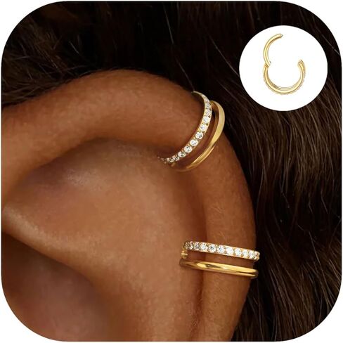2 PCS Small Cartilage Double-Hoop Helix Conch Piercing Earrings With Cubic Zirconia For Women Trendy 14K Gold Plated Titanium Surgical Stainless Steel Sets Jewelry in Saudi Arabia