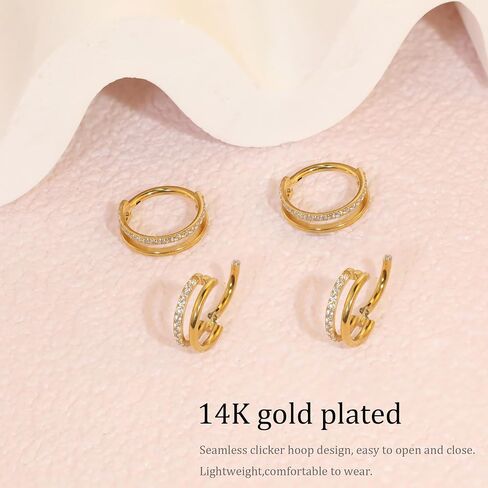2 PCS Small Cartilage Double-Hoop Helix Conch Piercing Earrings With Cubic Zirconia For Women Trendy 14K Gold Plated Titanium Surgical Stainless Steel Sets Jewelry in Saudi Arabia