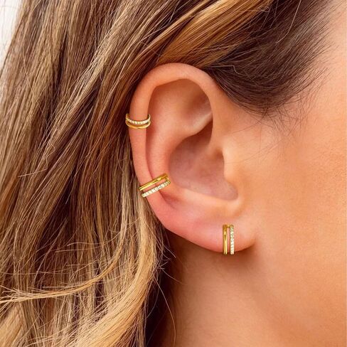 2 PCS Small Cartilage Double-Hoop Helix Conch Piercing Earrings With Cubic Zirconia For Women Trendy 14K Gold Plated Titanium Surgical Stainless Steel Sets Jewelry in Saudi Arabia