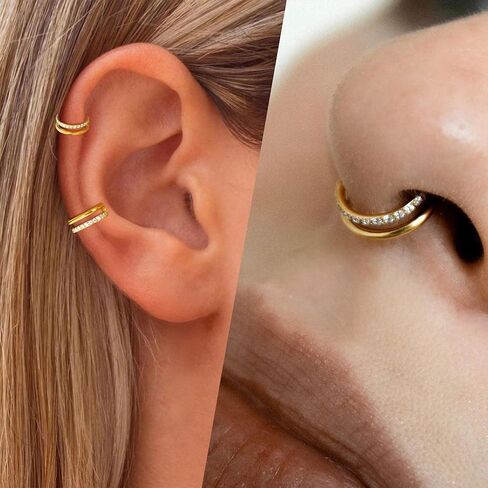 2 PCS Small Cartilage Double-Hoop Helix Conch Piercing Earrings With Cubic Zirconia For Women Trendy 14K Gold Plated Titanium Surgical Stainless Steel Sets Jewelry in Saudi Arabia
