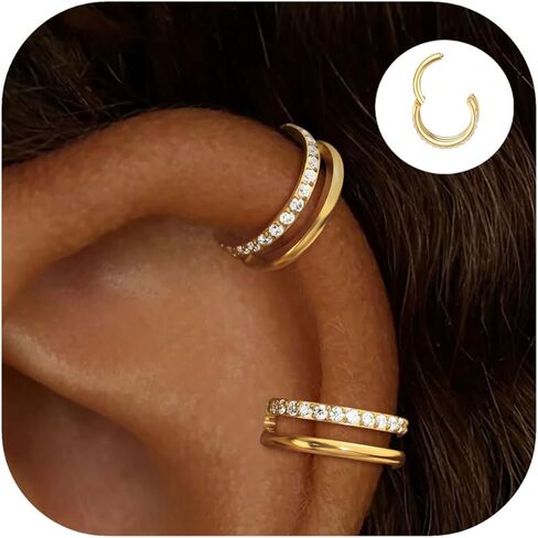 2 PCS Small Cartilage Double-Hoop Helix Conch Piercing Earrings With Cubic Zirconia For Women Trendy 14K Gold Plated Titanium Surgical Stainless Steel Sets Jewelry in Saudi Arabia
