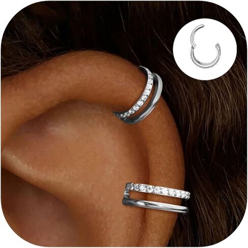 2 PCS Small Cartilage Double-Hoop Helix Conch Piercing Earrings With Cubic Zirconia For Women Trendy 14K Gold Plated Titanium Surgical Stainless Steel Sets Jewelry in Saudi Arabia