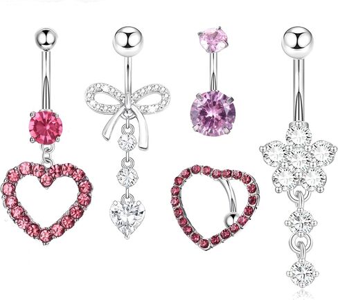 5Pcs Belly Button Ring Dangle Belly Piercing Belly Rings for Women 14G Stainless Steel CZ Cute Navel Rings Body Jewelry in Saudi Arabia