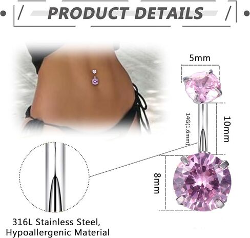 5Pcs Belly Button Ring Dangle Belly Piercing Belly Rings for Women 14G Stainless Steel CZ Cute Navel Rings Body Jewelry in Saudi Arabia