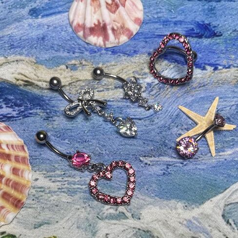5Pcs Belly Button Ring Dangle Belly Piercing Belly Rings for Women 14G Stainless Steel CZ Cute Navel Rings Body Jewelry in Saudi Arabia