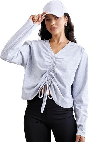 AARYA Athletic Shirts Women, Summer Long Sleeve Reversible Yoga Top with Drawstring Loose V-Neck Workout Shirt in Saudi Arabia