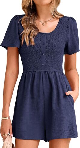 Simplee Womens Summer Short Sleeve Romper Casual Loose Decorative Button Smocked Dressy Shorts Jumper Jumpsuit 2025 in Saudi Arabia