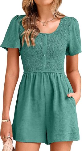 Simplee Womens Summer Short Sleeve Romper Casual Loose Decorative Button Smocked Dressy Shorts Jumper Jumpsuit 2025 in Saudi Arabia