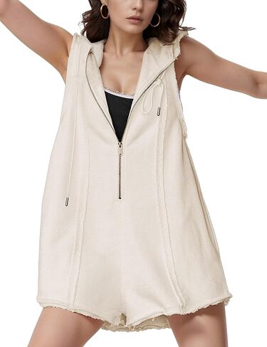 Rompers for Women Athletic Workout Hooded Romper Casual Zip-Front Neck Jumpsuits Overalls with Pockets in Kuwait