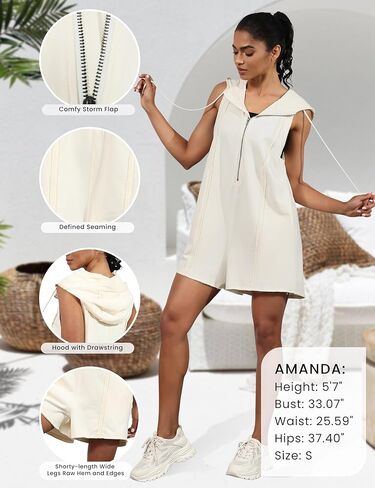 Rompers for Women Athletic Workout Hooded Romper Casual Zip-Front Neck Jumpsuits Overalls with Pockets in Kuwait