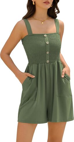 ZAFUL Womens Casual Short Jumpsuits Smocked Rompers Sleeveless Faux Button Vacation Outfits for Women 2025 in Saudi Arabia