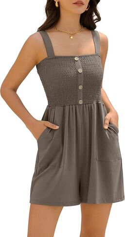 ZAFUL Womens Casual Short Jumpsuits Smocked Rompers Sleeveless Faux Button Vacation Outfits for Women 2025 in Saudi Arabia