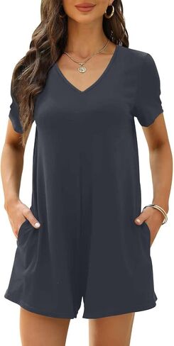 Women's Summer Short Sleeve V Neck Short Jumpsuit Loose Casual Romper with Pockets in Saudi Arabia