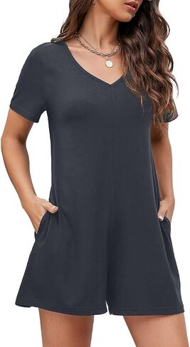 Women's Summer Short Sleeve V Neck Short Jumpsuit Loose Casual Romper with Pockets in Saudi Arabia
