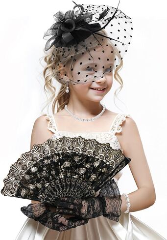 Girls Tea Party Hat Set - 2025 Kentucky Attire Set for 1920s 50s Costume Party, Black Fascinator Church Top Pillbox Derby Hats with Pearl Necklace Earring Hand Fan and Lace Gloves Kit in Kuwait