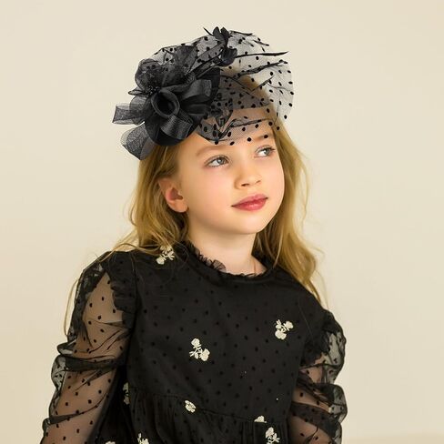 Girls Tea Party Hat Set - 2025 Kentucky Attire Set for 1920s 50s Costume Party, Black Fascinator Church Top Pillbox Derby Hats with Pearl Necklace Earring Hand Fan and Lace Gloves Kit in Kuwait