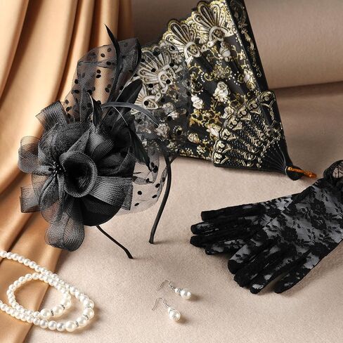 Girls Tea Party Hat Set - 2025 Kentucky Attire Set for 1920s 50s Costume Party, Black Fascinator Church Top Pillbox Derby Hats with Pearl Necklace Earring Hand Fan and Lace Gloves Kit in Kuwait