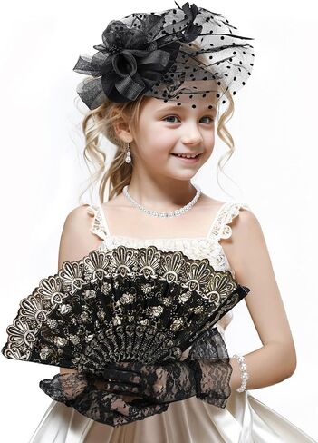 Girls Tea Party Hat Set - 2025 Kentucky Attire Set for 1920s 50s Costume Party, Black Fascinator Church Top Pillbox Derby Hats with Pearl Necklace Earring Hand Fan and Lace Gloves Kit in Kuwait