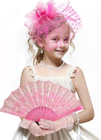 Girls Tea Party Hat Set - 2025 Kentucky Attire Set for 1920s 50s Costume Party, Black Fascinator Church Top Pillbox Derby Hats with Pearl Necklace Earring Hand Fan and Lace Gloves Kit in Kuwait