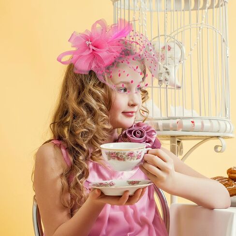 Girls Tea Party Hat Set - 2025 Kentucky Attire Set for 1920s 50s Costume Party, Black Fascinator Church Top Pillbox Derby Hats with Pearl Necklace Earring Hand Fan and Lace Gloves Kit in Kuwait