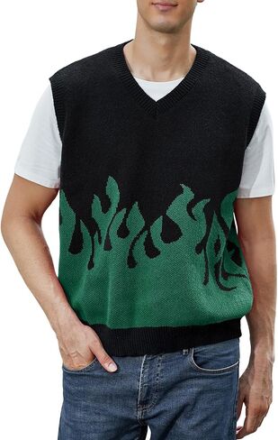 ZAFUL Men's Oversized Flame Sweater Vest Unisex Color Block V Neck Sleeveless Streetwear Casual Sweater Pullover Top in Saudi Arabia