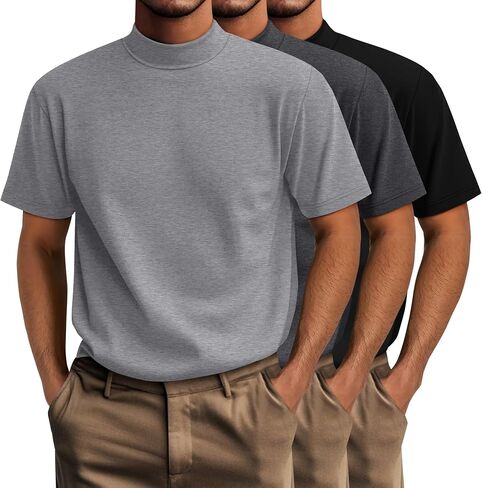 Riyiper 3 Pack Big and Tall Men's Mock Turtleneck Shirt Short Sleeve Cotton Basic Tops Slim Fit Casual Undershirt Tops in Saudi Arabia