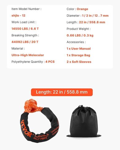 VEVOR 2-Pack Synthetic Soft Shackle, 1/2" x 22" - 44,092 lbs (20 Ton) Breaking Strength, Heavy Duty Recovery Tow Shackles with Extra Sleeves & Storage Bag for UTV,ATV,Trucks,Off-Road Vehicles,Orange in Kuwait