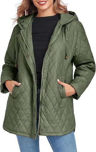 Womens Oversized Quilted Jackets Lightweight Long Sleeve Full Zipper Puffer Jacket Casual Hooded Coats with Pockets in Kuwait