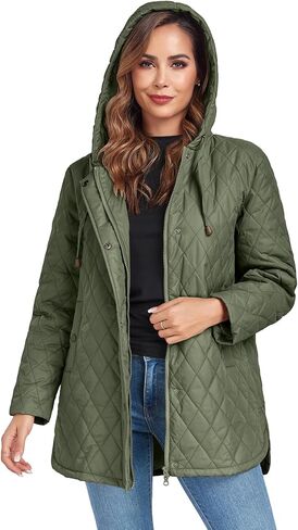 Womens Oversized Quilted Jackets Lightweight Long Sleeve Full Zipper Puffer Jacket Casual Hooded Coats with Pockets in Kuwait