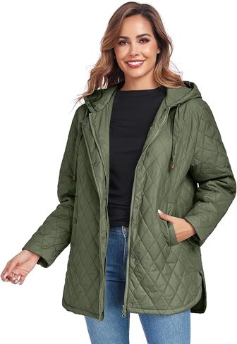 Womens Oversized Quilted Jackets Lightweight Long Sleeve Full Zipper Puffer Jacket Casual Hooded Coats with Pockets in Kuwait