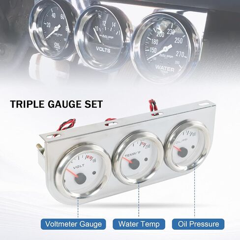 JDMSPEED 2" 52mm Triple Gauge Set (Oil Pressure Gauge + Water Temperature Gauge + Volt Meter) 3‑in‑1 for 12V Cars 3 Gauge Cluster Kit with Black Console in Kuwait