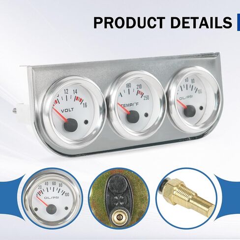 JDMSPEED 2" 52mm Triple Gauge Set (Oil Pressure Gauge + Water Temperature Gauge + Volt Meter) 3‑in‑1 for 12V Cars 3 Gauge Cluster Kit with Black Console in Kuwait