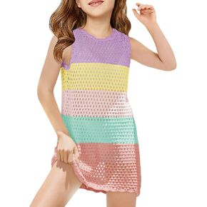 Haloumoning Girls Color Block Crochet Knit Swim Cover up Kids Summer Sleeveless Beach Dress 5-14 Years