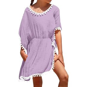 Eurivicy Girl's Swim Cover Up Kids Summer Swimwear Beach Dress Swimsuit Wraps with Pom Pom Trim