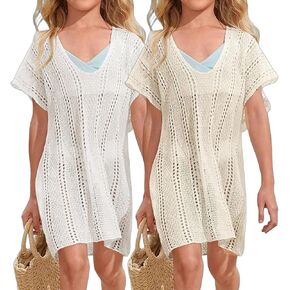 EXARUS Girls Swim Cover Up Crochet Short Sleeve V Neck/Crewneck Swimsuit Boho Summer Hollow Out Short Beach Coverups