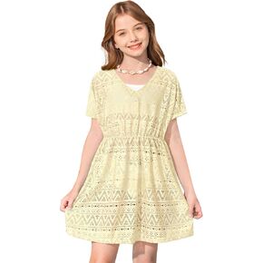 BesserBay Girls Summer Crochet Bat Sleeve Hollow Out Sheer Swimsuit A-line Hem Loose Fit Quickly Dry Coverups 5-14 Years
