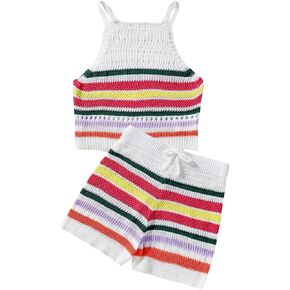 Verdusa Girl's 2 Piece Summer Cover Ups Color Striped Knitted Tank Top and Shorts Set