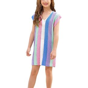 CHILDRENSTAR Girls Knit Swimsuit Cover ups Summer Beach Bathing Suit Coverups Colorblock V Neck Cami Dresses for Kids