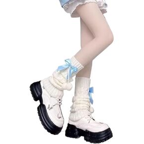Cute Lolita leg covers Japanese Style Knitted Warm Bow Socks with Pom-Poms White Slouch Socks for JK Uniform