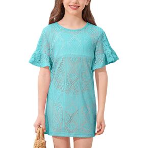 Besserbay Girls Sleeve Round Dound Deal Sheer Beach Dress Hollow Out Vacation Chiffon Bikini Swimsuit Cover Up