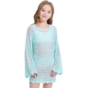 WULFUL Girl's Crochet Long Sleeve Swimwear Cover Up Summer Beach Dress Swimsuit