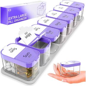 Extra Large Weekly Pill Organizer - XL Vitamin Holder with 7 Detachable AM PM Compartments - Portable Medicine Dispenser for Home and Travel, Big Supplement Container for Weekly or Daily Use, Rainbow