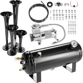 150DB 4 Horns Train Horn Kit,150PSI 12V Air Compressors with Tank, Super Loud Air Horn Kit with 1.6Gallon Air Tank, Train Horn for Truck Jeep SUV Car(1.6Gal Black)