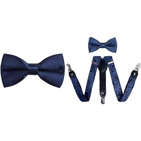 Alizeal Boys Solid Pre-tied Adjustable Bow Tie-Dark Navy, Boys Paisley Adjustable Pre-tied Bow Tie and Clips Suspenders Set, Dark Navy