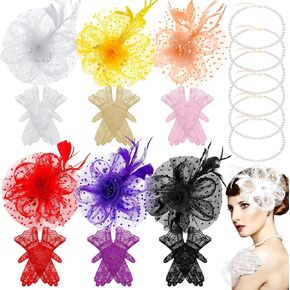 Thinkday 18 Pcs Fascinators Tea Party Hats and Lace Gloves with Pearl Necklace for Women Cocktail Wedding 20s Party Costume Valentine's Day Gift (Classic)