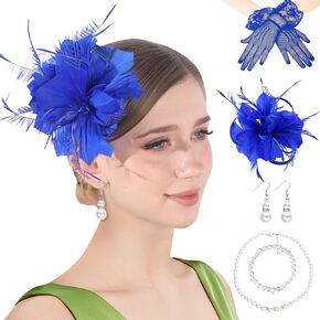 قبعة fascinator للنساء شاي حفلة دربي مع ريشة جنازة قفازات الدانتيل قلادة اللؤلؤ