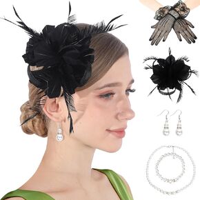 قبعة fascinator للنساء شاي حفلة دربي مع ريشة جنازة قفازات الدانتيل قلادة اللؤلؤ in Kuwait